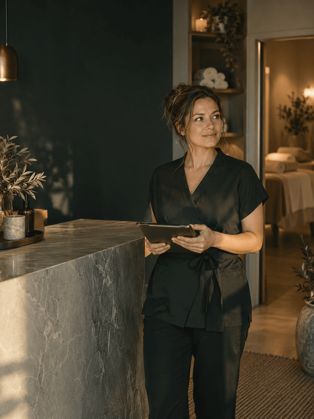 A med spa owner preparing her reception area for the day.